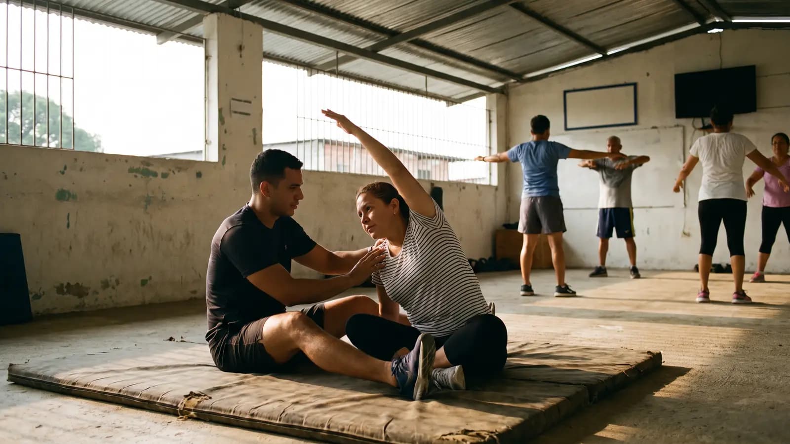 Un entrenador guía a una clienta en un estiramiento mientras una clase de grupo calienta al fondo.
