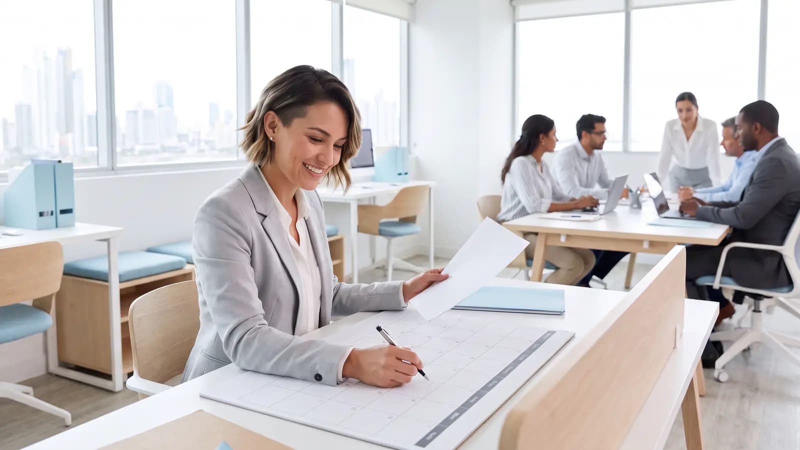 Una mujer sonriente sostiene una factura impresa y marca una fecha en un calendario de escritorio en una oficina clara.