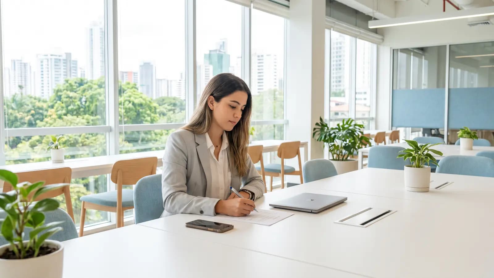Una emprendedora llena un formulario impreso en una mesa blanca de un espacio de trabajo compartido, con luz natural.