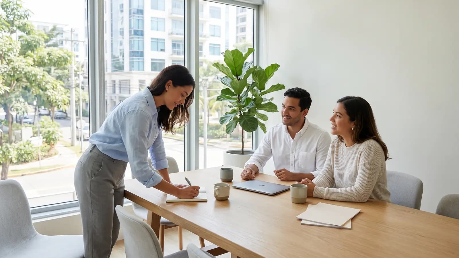 Tres colegas conversan alrededor de una mesa clara mientras una de ellas toma notas, con una laptop cerrada y café.